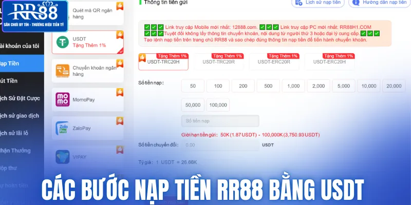 Các bước nạp tiền RR88 bằng USDT