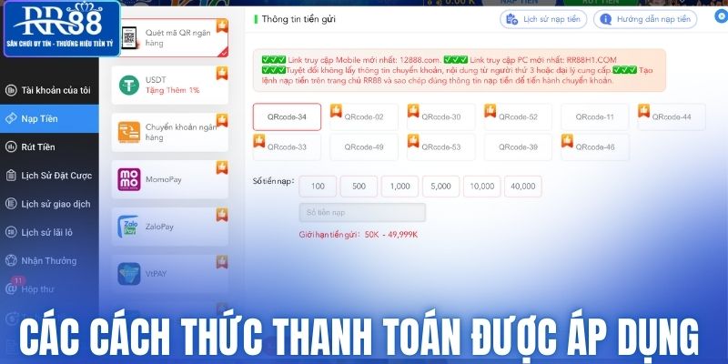 Các cách thức thanh toán áp dụng tại RR88