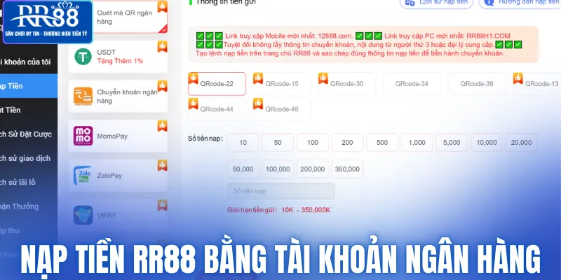 Quy trình nạp tiền RR88 bằng tài khoản ngân hàng